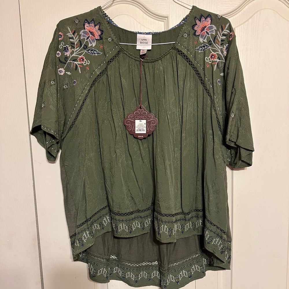 NWT - Knox Rose (Target) Olive Green Embroidered Blouse